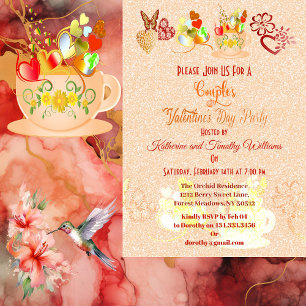 Floral Heart Butterfly Teacup Valentine Day Couple Invitation