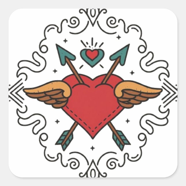 Floral Heart Cupid Tattoo Square Sticker (Front)