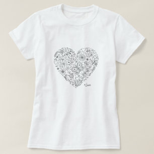 Floral Heart Doodle Romantic Botanical Line Art T-Shirt