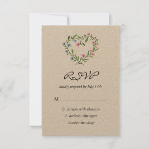 Floral Heart. Flower elegant Wreath. Wedding RSVP Card