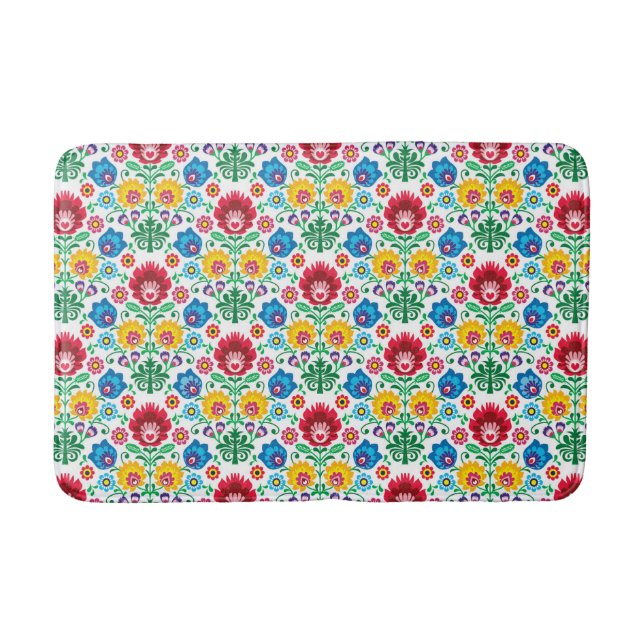Floral Heart Folk Art Pattern Bath Mat (Front)