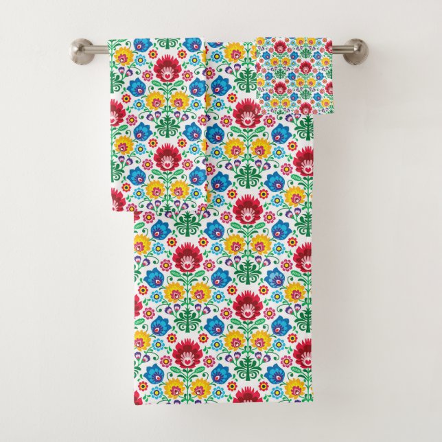 Floral Heart Folk Art Pattern Bath Towel Set (Insitu)