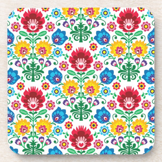 Floral Heart Folk Art Pattern Coaster (Front)
