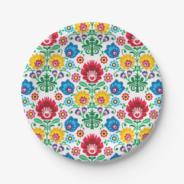 Floral Heart Folk Art Pattern Paper Plate (Front)