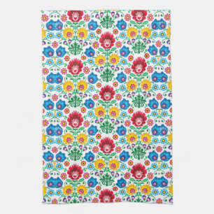Floral Heart Folk Art Pattern Tea Towel