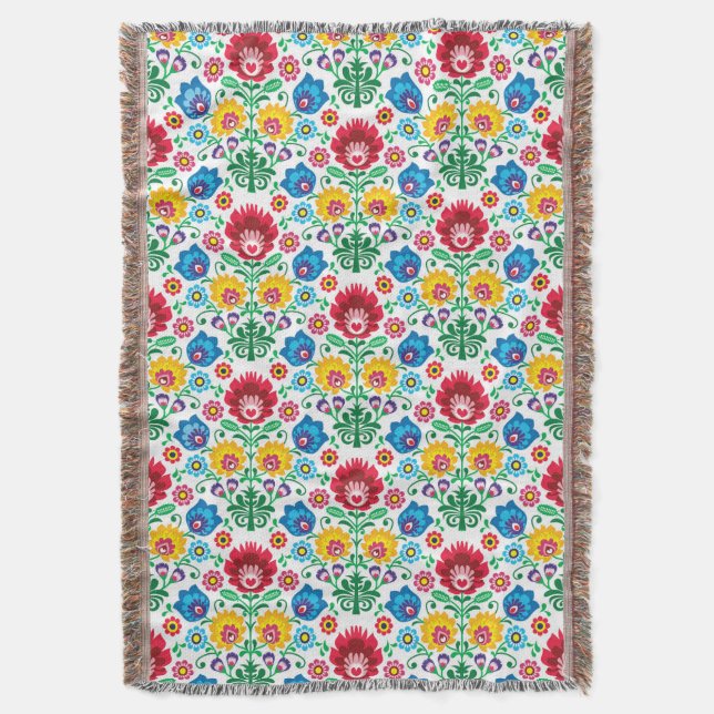 Floral Heart Folk Art Pattern Throw Blanket (Front Vertical)