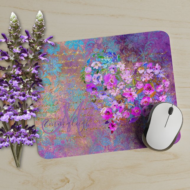 Floral Heart Gold Antique Handwriting Monogram Mouse Pad (Creator Uploaded)
