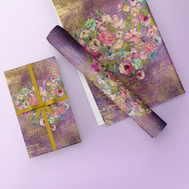 Floral Heart Gold Antique Handwriting  Wrapping Paper (Creator Uploaded)