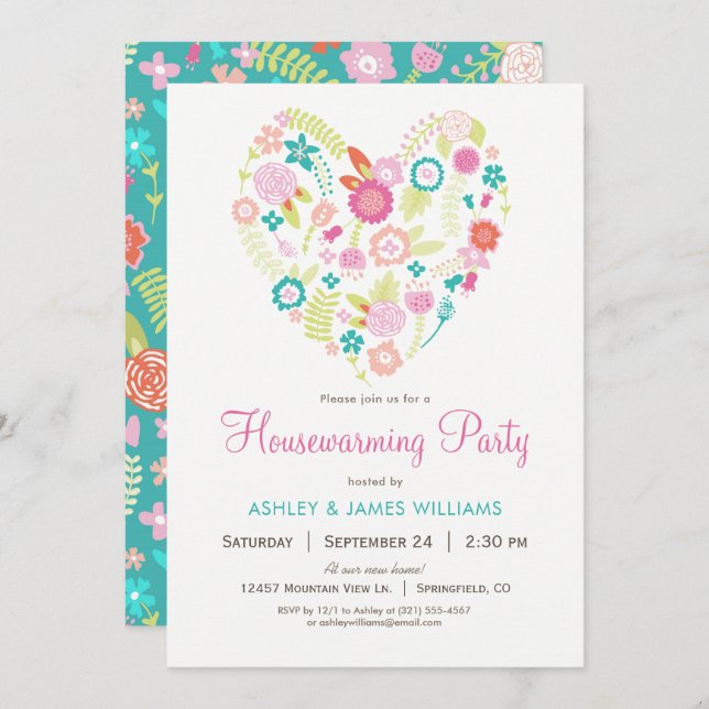 Floral Heart Housewarming Party Invitation (Front/Back)