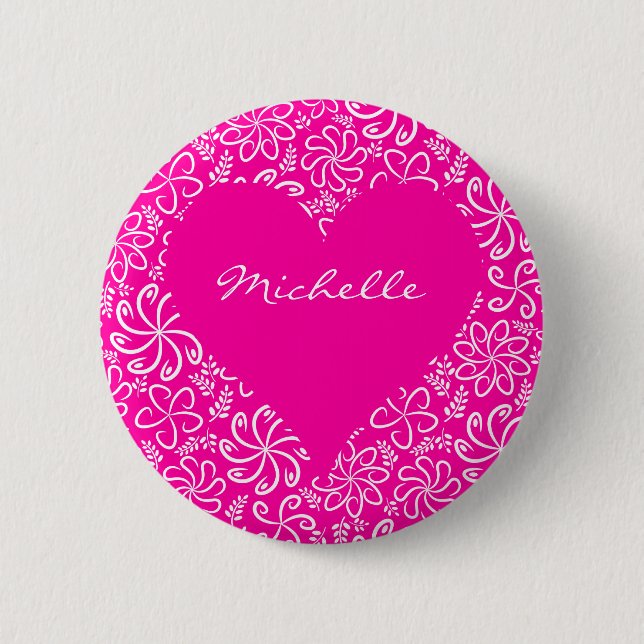 Floral heart in pink with a name 6 cm round badge (Front)
