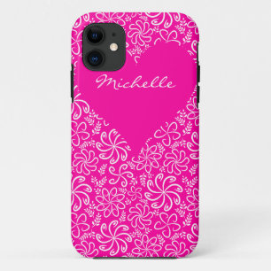 Floral heart in pink with a name iPhone 11 case