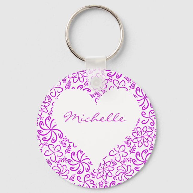 Floral heart in purple white with a name key ring (Front)