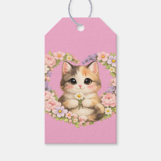 Floral Heart Kawaii art Kitten  Gift Tags