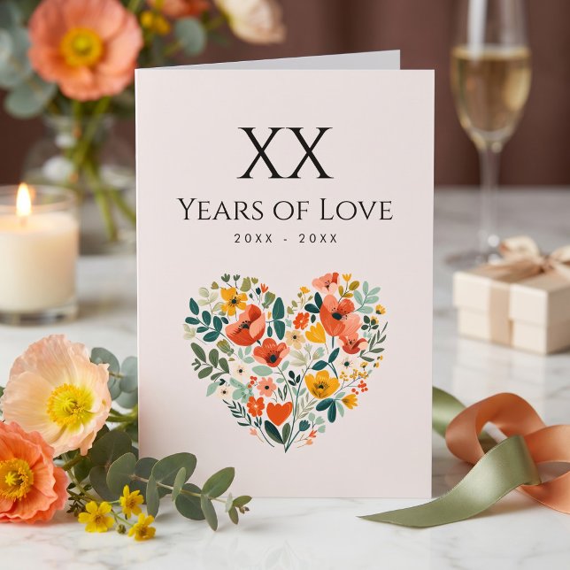 Floral Heart Personalised Anniversary Card (Personalized years of love anniversary card)