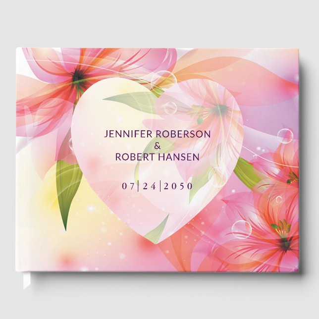 Floral Heart Pink Dewdrops Wedding Guest Book (Front)
