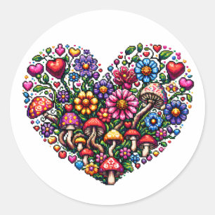 Floral Heart Pixel Art Classic Round Sticker