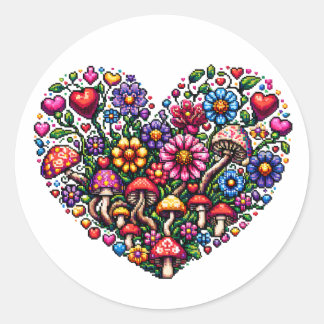 Floral Heart Pixel Art Classic Round Sticker