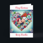 Floral Heart Romantic Personalised Christmas Holiday Card<br><div class="desc">Pretty teal background with red roses and colourful flowers whimsical folk art style floral heart. Add a picture of you and your partner in the personalise area. Sweet romantic card for Christmas. All I want for Christmas,  is us.</div>