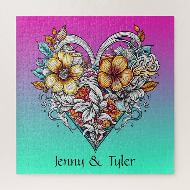Floral Heart Romantic Personalised Jigsaw Puzzle (Vertical)