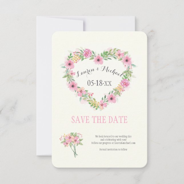 Floral Heart Save The Date Announcement (Front)