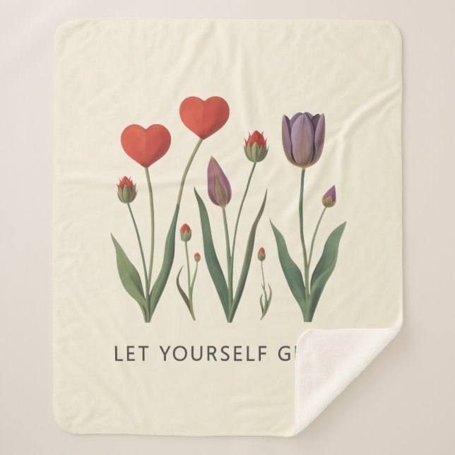 Floral Heart Tulips Let Yourself Grow Quote Sherpa Blanket (Front)