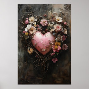 Floral Heart Valentine Print, Dark Academia Wall Poster