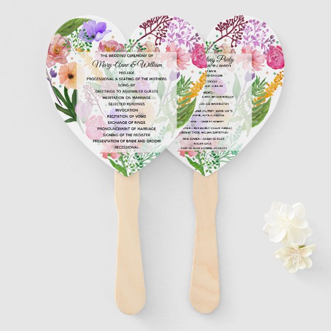 Floral Heart Wedding Program Fan (Front and Back)