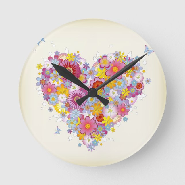 Floral heart with butterflies round clock (Front)