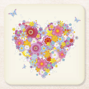 Floral heart with butterflies square paper coaster