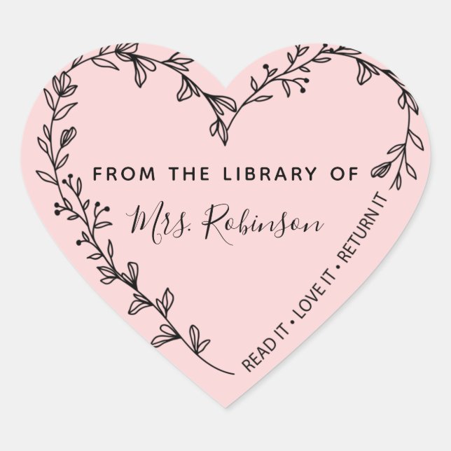 Floral Heart Wreath Library Pink Sticker (Front)