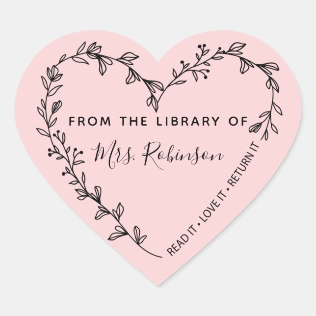 Floral Heart Wreath Library Pink Sticker (Front)