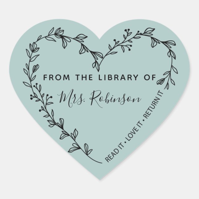 Floral Heart Wreath Library Rustic Teal Sticker (Front)