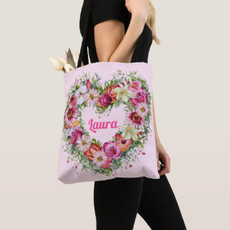 Floral Heart Wreath Personalised Tote Bag