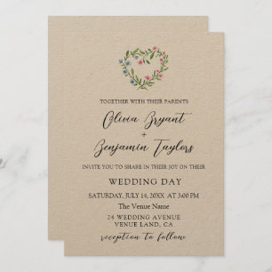 Floral Heart Wreath. Rustic elegant Wedding Invitation