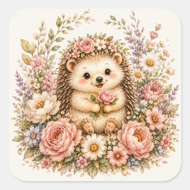 Floral Hedgehog Watercolor Art Square Sticker (Front)