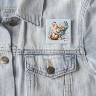 Floral Hen with Eggs Vintage Farmhouse Charm 15 Cm Square Badge