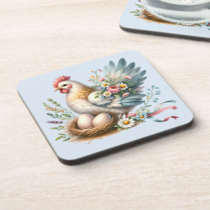 Floral Hen with Eggs Vintage Farmhouse Charm Coaster