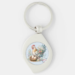 Floral Hen with Eggs Vintage Farmhouse Charm Key Ring