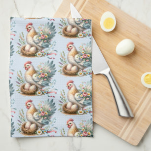 Floral Hen with Eggs Vintage Farmhouse Charm Tea Towel