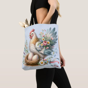 Floral Hen with Eggs Vintage Farmhouse Charm Tote Bag