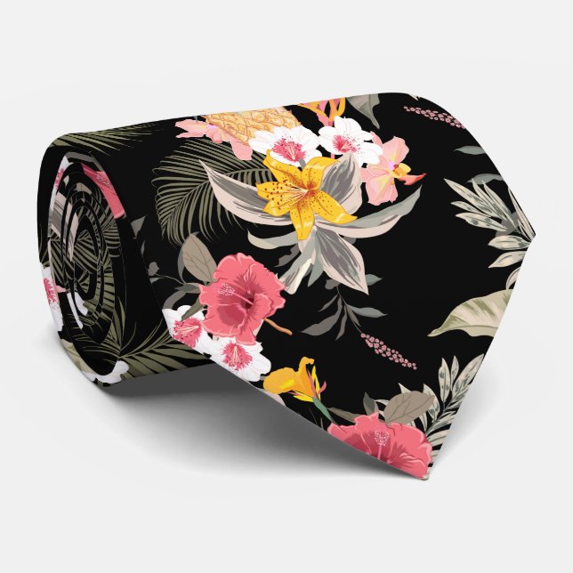 Floral Hibiscus Pineapple Hawaiian Print Black Tie (Rolled)
