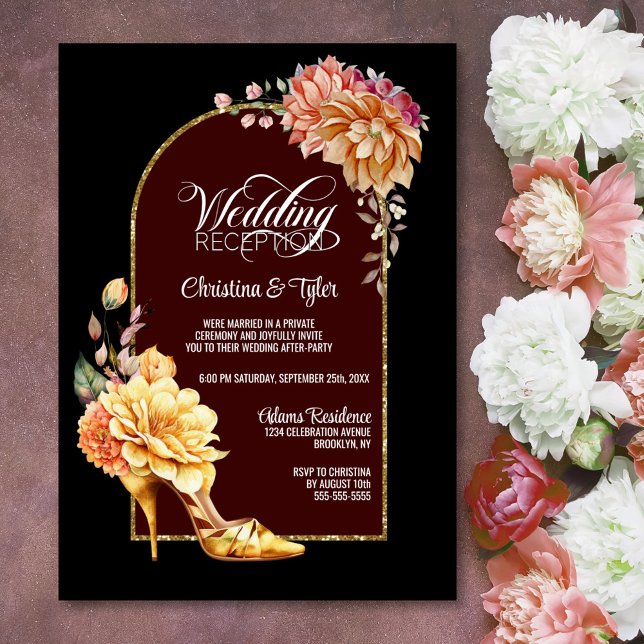 Floral High Heel Shoe Black Arch Wedding Reception Invitation (Creator Uploaded)