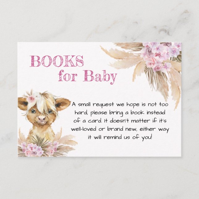 Floral Highland Cow Baby Shower Books for Baby Enclosure Card (Front)