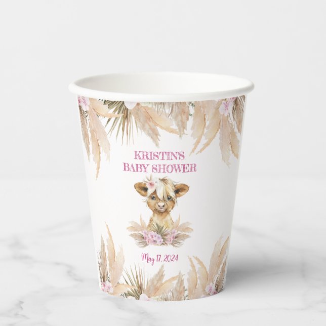 Floral Highland Cow Baby Shower  Paper Cups (Front)