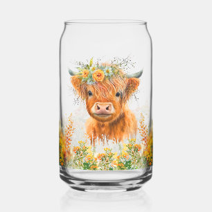 Floral Highland Cow Can Glass