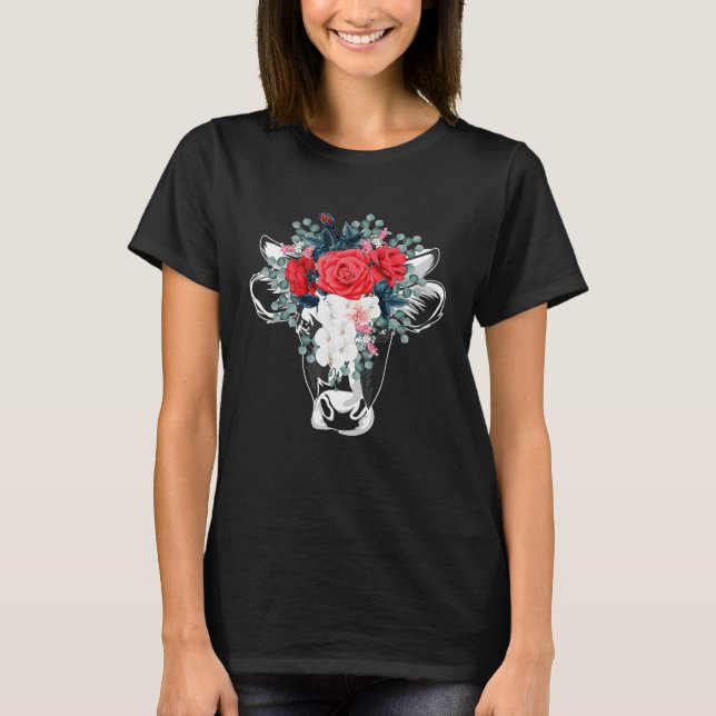 Floral Highland Cow Heifer Dairy Farm Animal Wildf T-Shirt (Front)