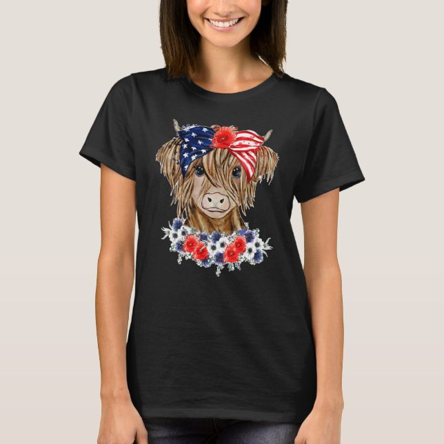 Floral Highland Cow Heifer Western Patriotic US Fl T-Shirt (Front)