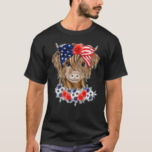 Floral Highland Cow Heifer Western Patriotic US Fl T-Shirt