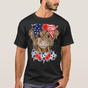 Floral Highland Cow Heifer Western Patriotic US Fl T-Shirt