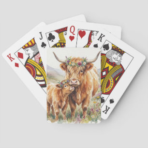 Floral Highland Cow Mother & Calf Rustic Farmhouse Playing Cards
